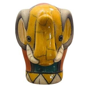 Vintage South African Raku Elephant Multi Color Hand Crafted Pottery Signed 6"L